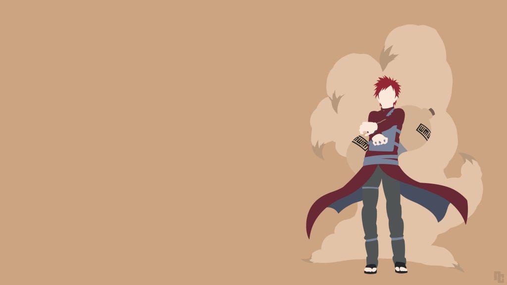 Minimalist Gaara wallpaper flat faceless Naruto anime character with gourd and swirling sand vector art