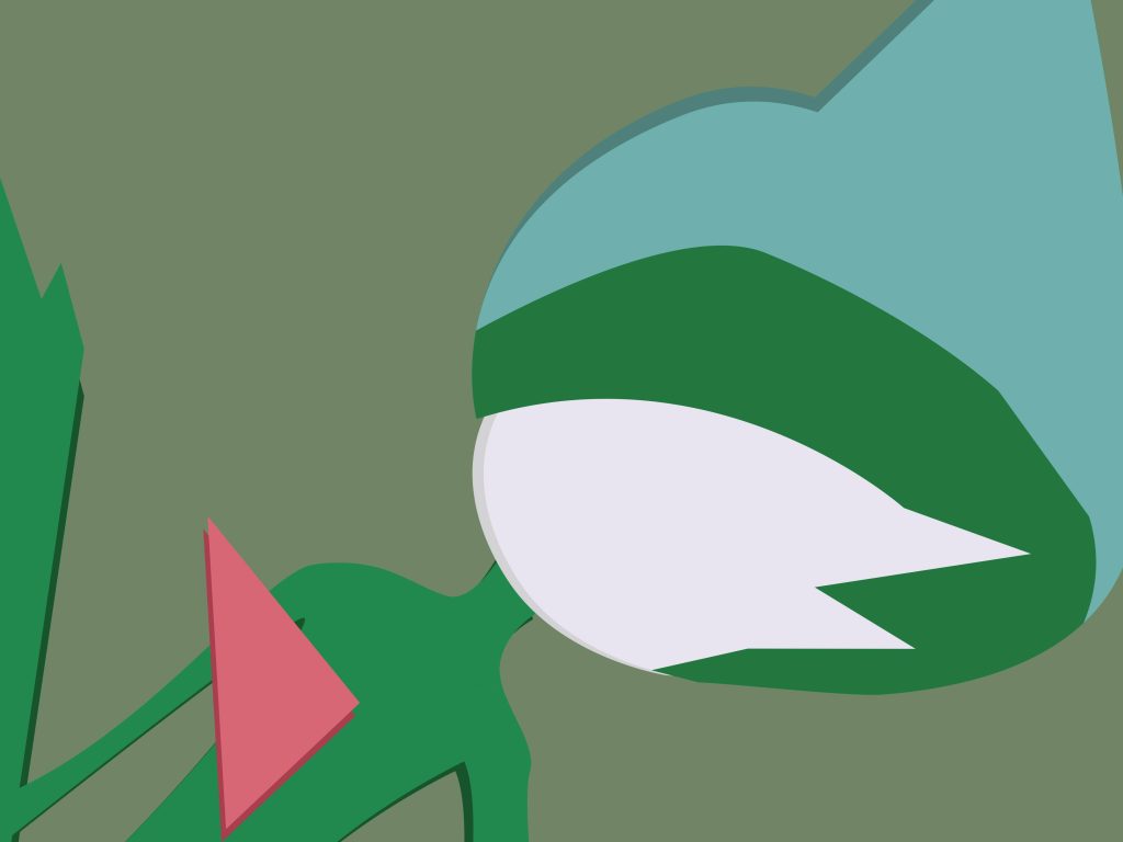 Minimalist vector wallpaper of Pokémon Gallade in sage green blue and pink flat design background
