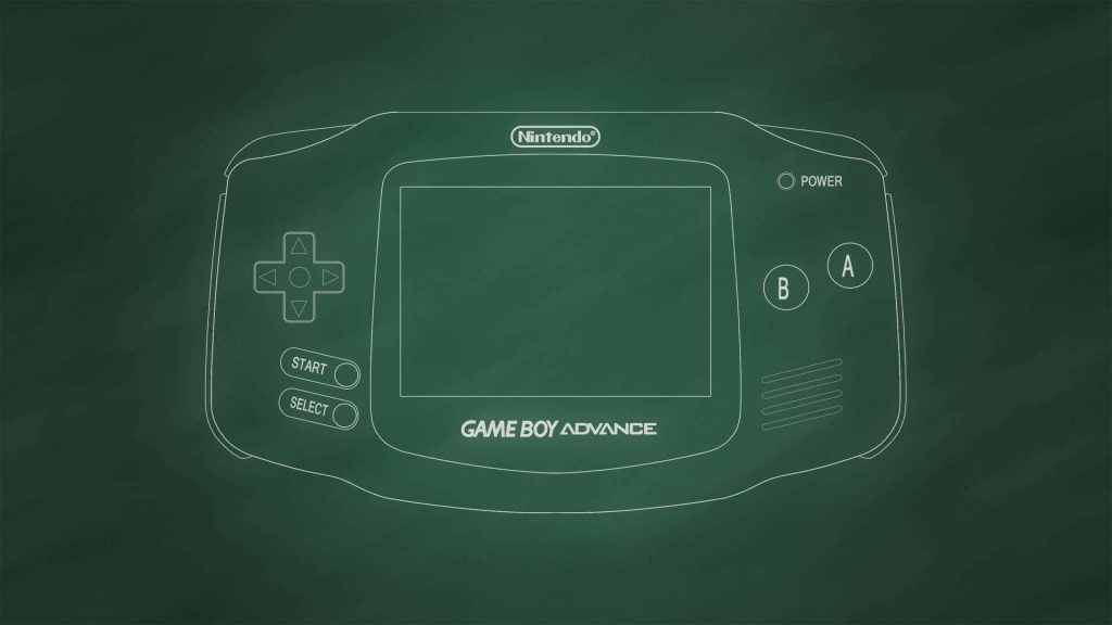 Minimalist Game Boy Advance white line art on dark green chalkboard background wallpaper