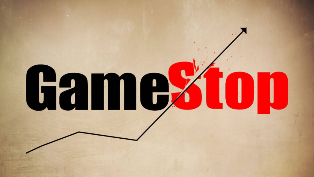 GameStop wallpaper with bold red S and rising black arrow on textured beige background GME stock