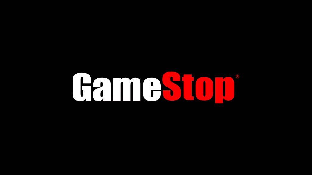 Minimalist GameStop logo wallpaper with white and red text on black background for gamers