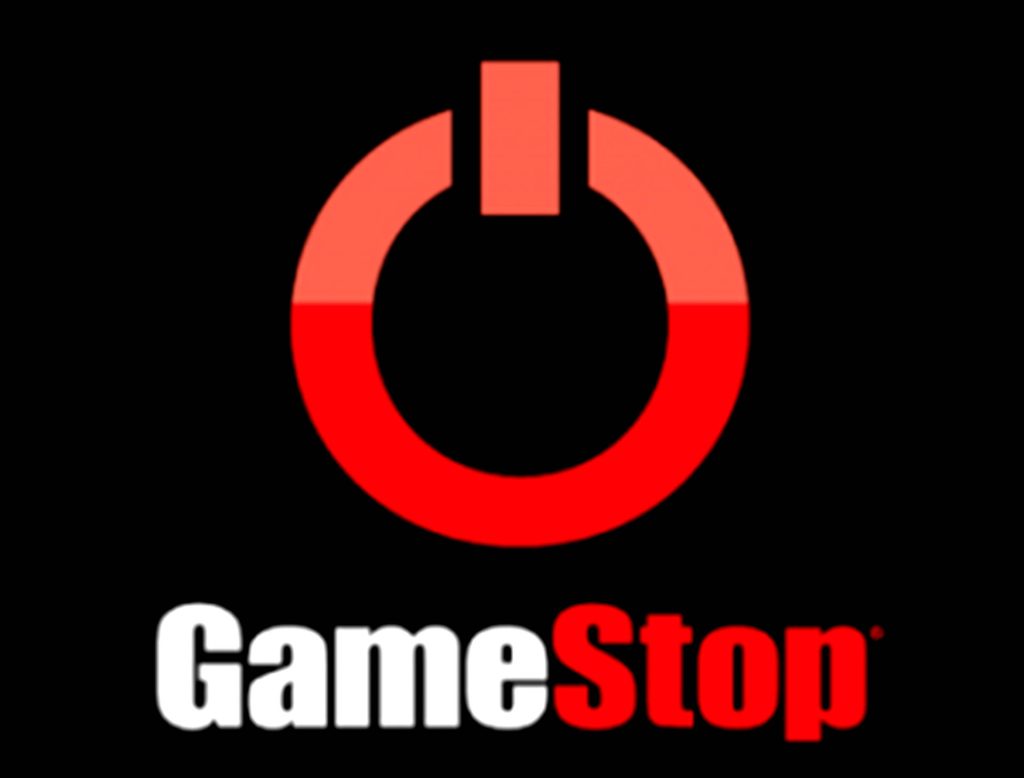 Minimalist GameStop logo wallpaper with red power button on black background gaming fans design