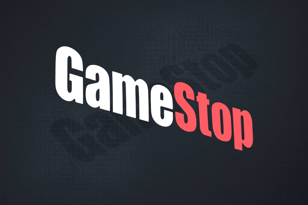 Minimalist GameStop logo wallpaper with white red emblem on dark tech circuit board background