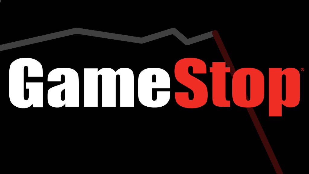 Minimalist GameStop wallpaper with brand logo and red downward stock trend line graph on black