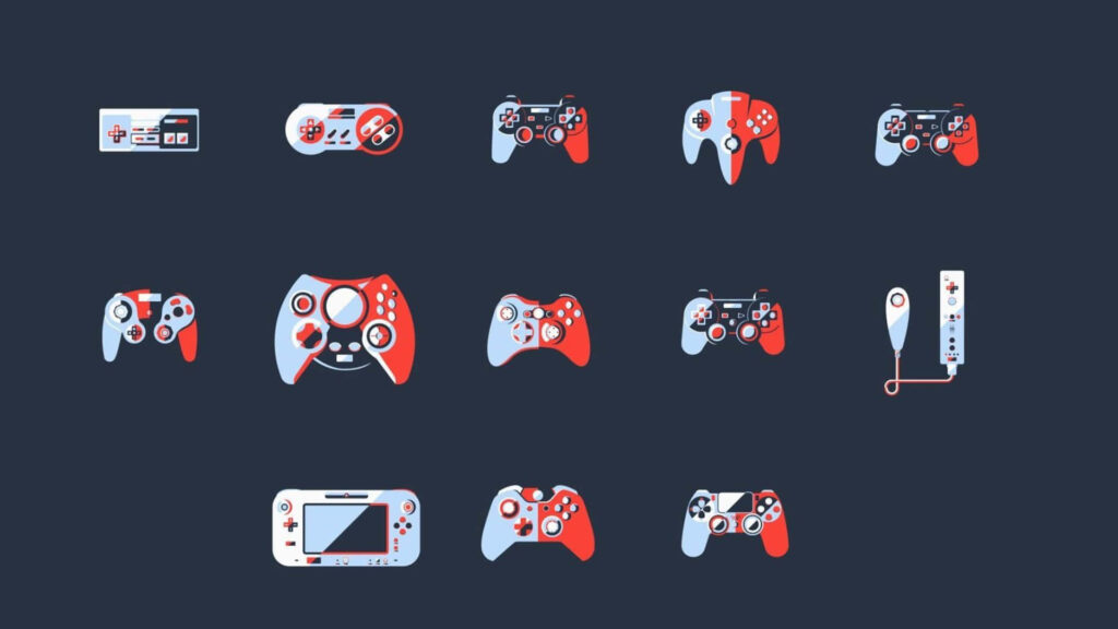 Minimalist Gaming Controllers Wallpaper - Dark Red, White, Blue Design