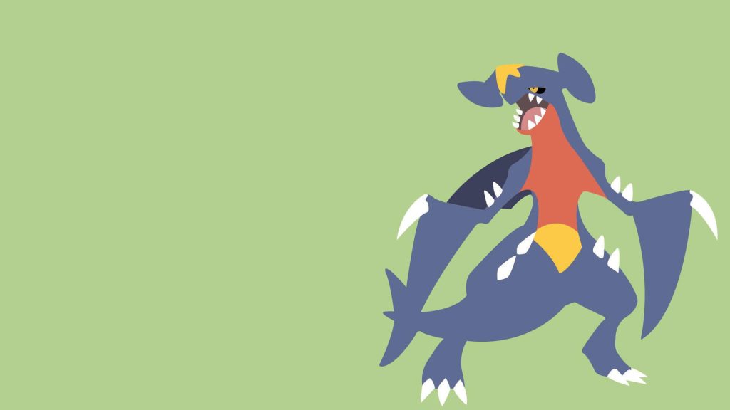 Minimalist Garchomp wallpaper flat art Dragon-type Pokémon blue red yellow on green background