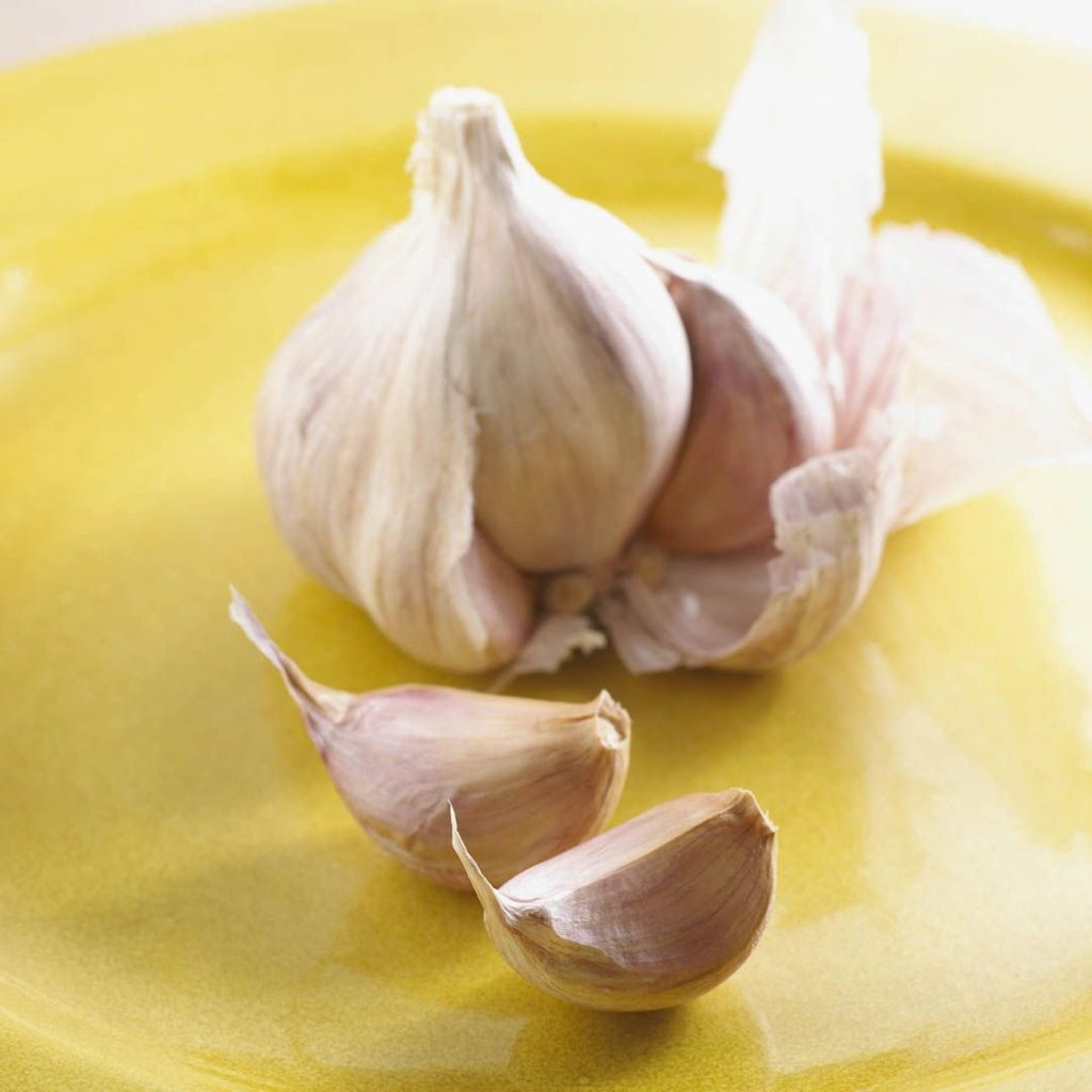 Minimalist garlic bulb and cloves on glossy yellow plate bright natural light food photo background Wallpaper