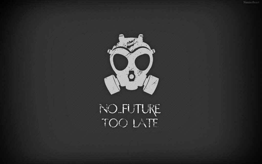 Minimalist Gas Mask Wallpaper: 'No Future Too Late' Design