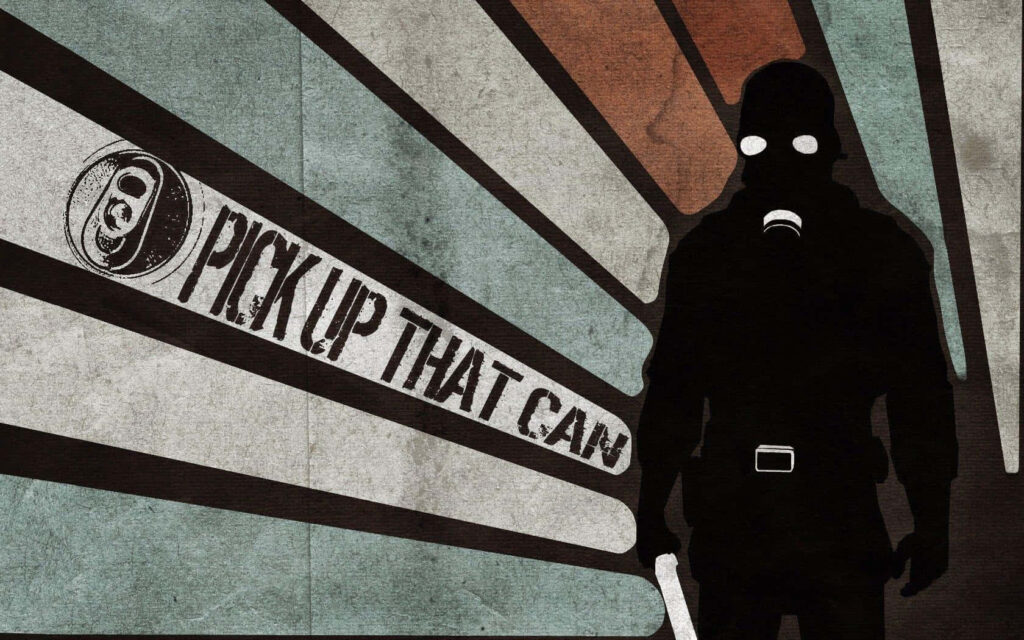Minimalist Gas Mask Art with Bold Stripes: 'Pick Up That Can' Wallpaper