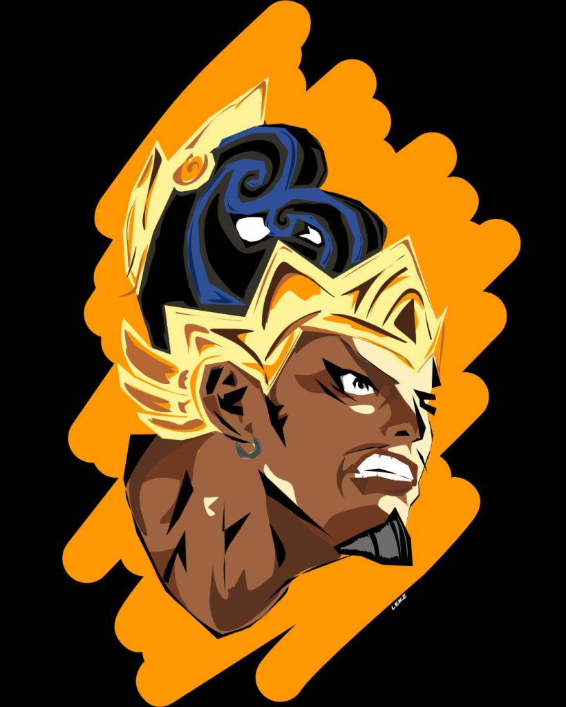 Minimalist Mobile Legends Gatotkaca side-profile with golden headdress on orange brushstroke background Wallpaper