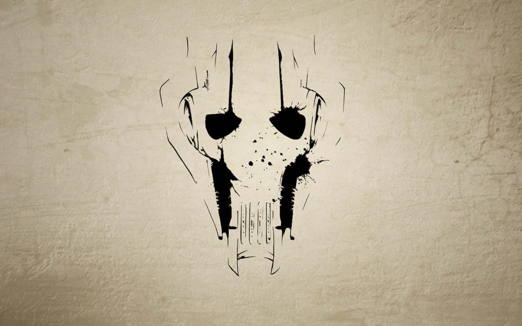 Minimalist ink-blot illustration of General Grievous on textured beige parchment Star Wars wallpaper
