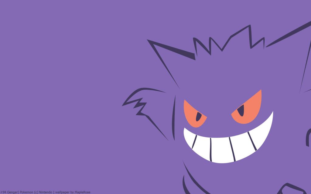 Minimalist Gengar wallpaper with red eyes and mischievous grin on solid purple background