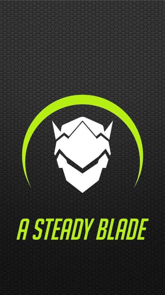 Minimalist Overwatch Genji helmet wallpaper dark honeycomb background neon green arc gaming design