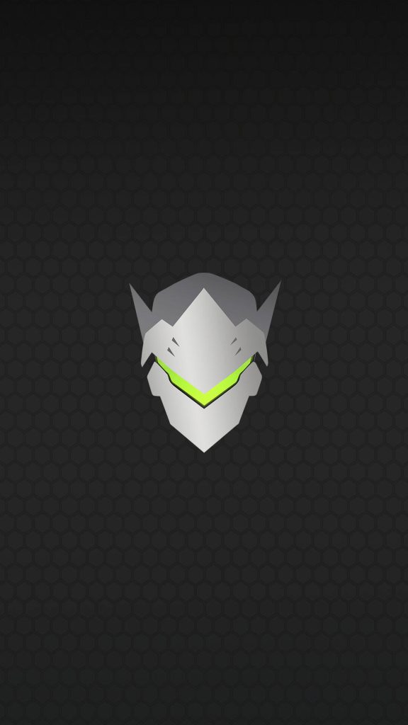 Minimalist Genji Overwatch wallpaper with silver helmet neon green visor on dark honeycomb background