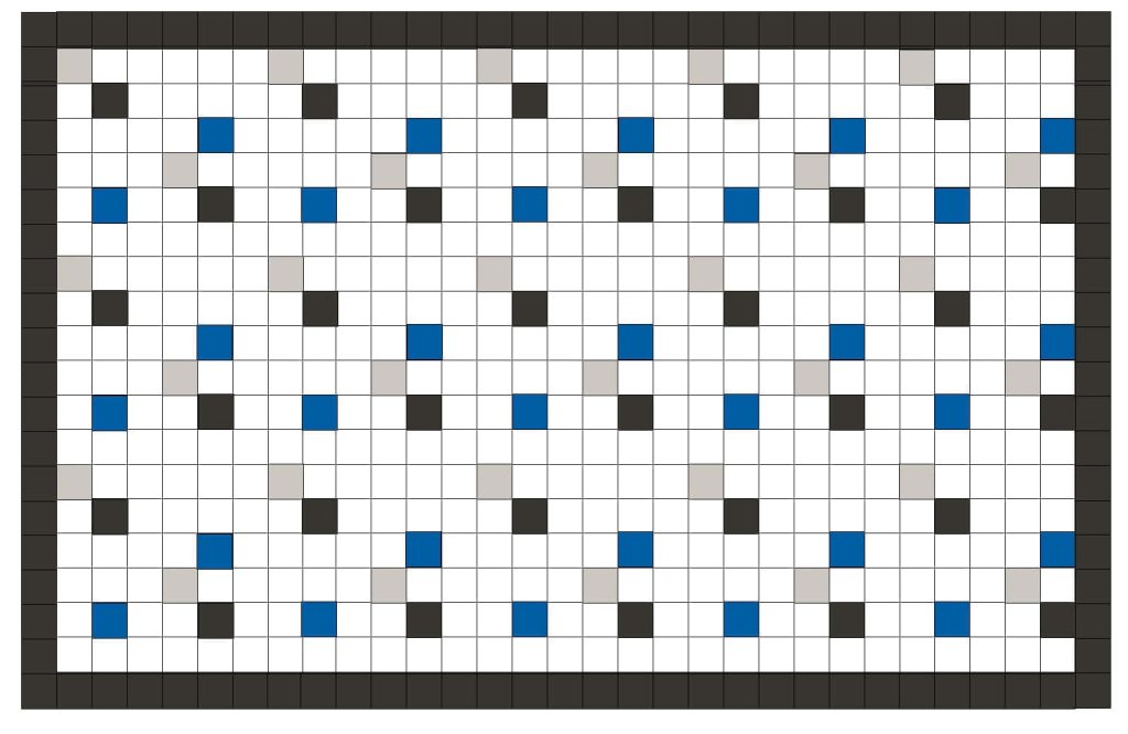 Minimalist geometric grid pattern with blue and gray squares on white framed by dark gray border wallpaper