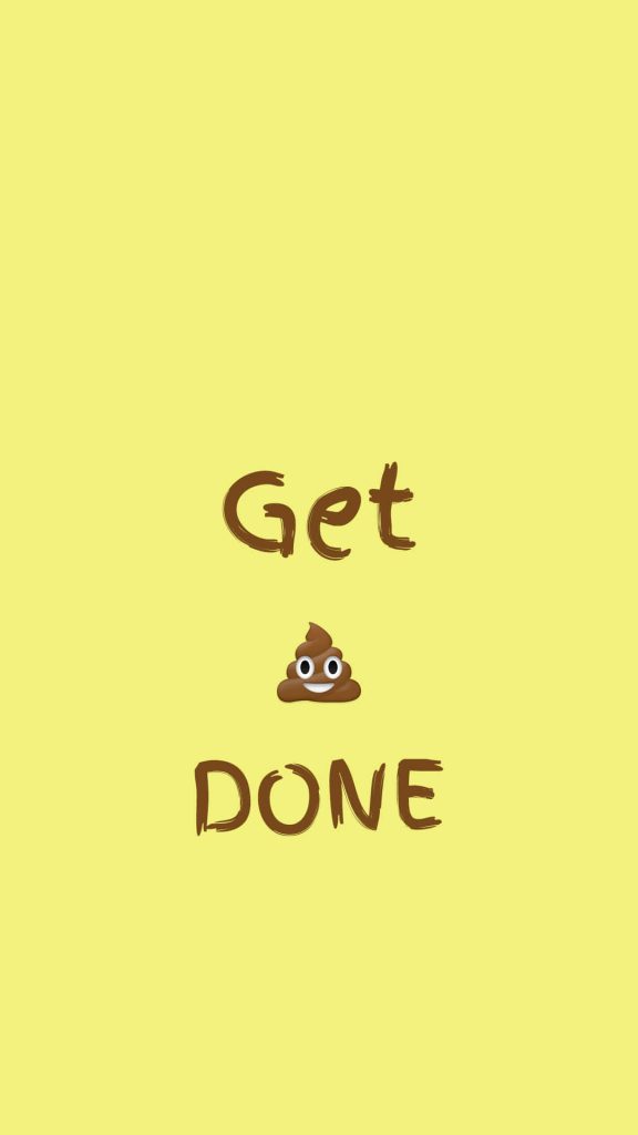 Minimalist digital wallpaper with Get DONE text and smiling poop emoji on pastel yellow background
