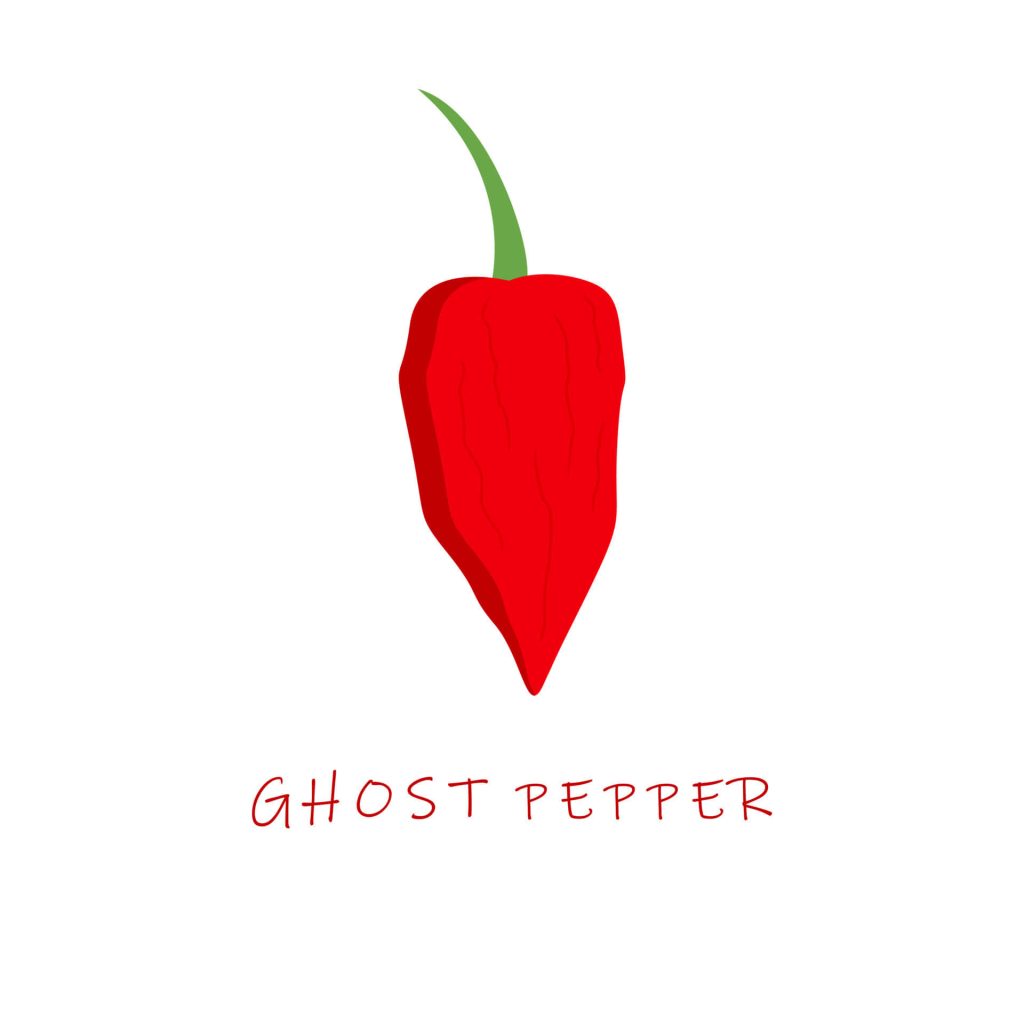 Minimalist vibrant red ghost pepper digital illustration with green stem on white background wallpaper
