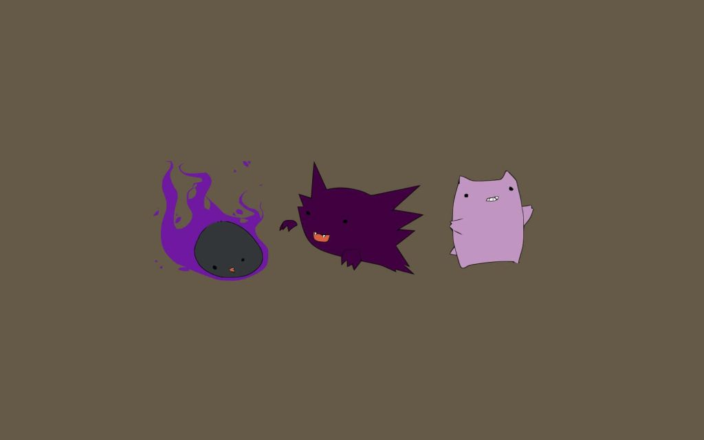 Minimalist doodle style Ghost Pokemon wallpaper with chibi Gastly Gengar on brown background