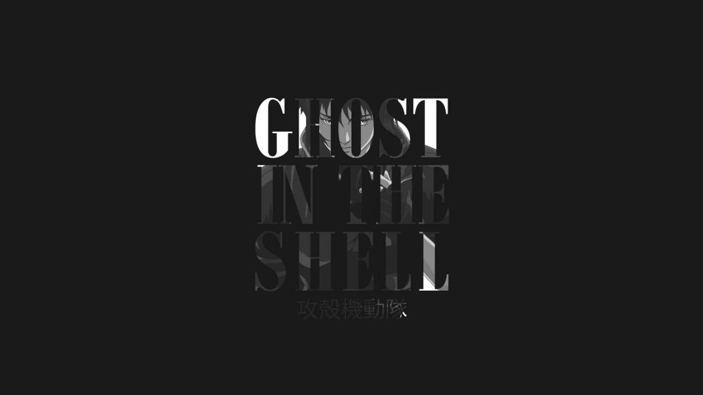 Ghost in the Shell wallpaper with grayscale Major Motoko Kusanagi portrait in bold white letters