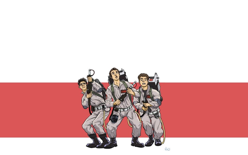 Minimalist Ghostbusters wallpaper with Egon Spengler Peter Venkman Ray Stantz in flight suits