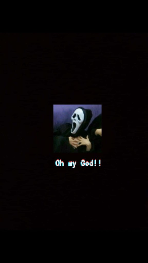 Minimalist Ghostface Scream wallpaper clutching chest shocked with Oh my God text on black background