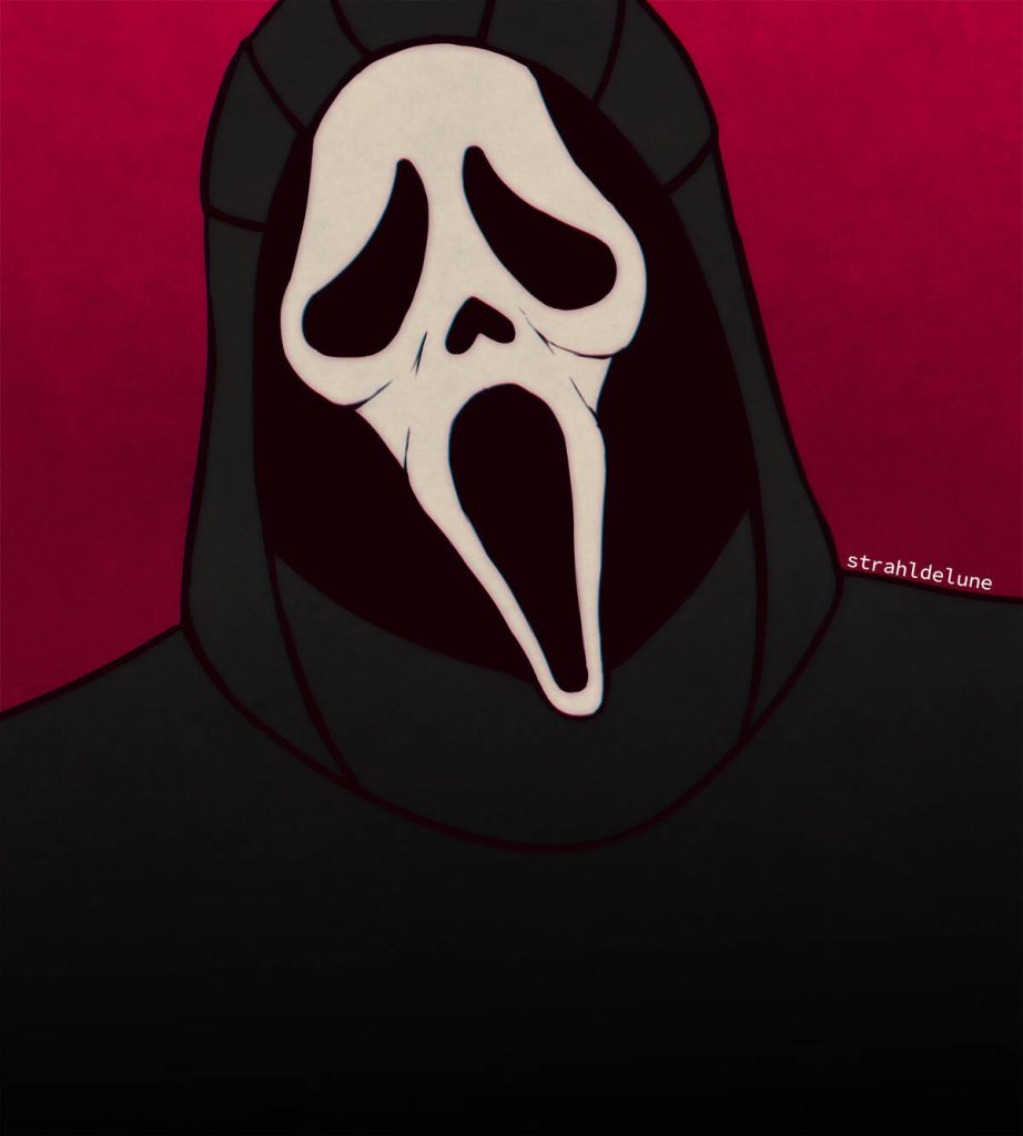 Minimalist digital illustration of Ghostface from Scream in black robe on deep red background wallpaper