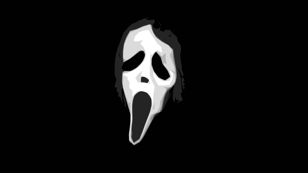 Minimalist Ghostface low poly wallpaper featuring iconic Scream mask on black background