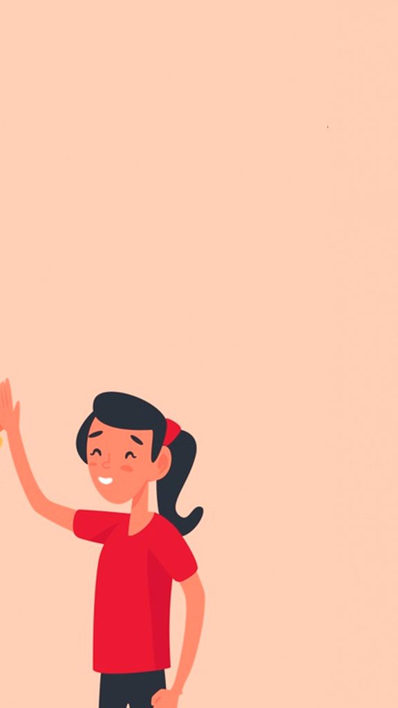 Minimalist illustration of girl with ponytail in red shirt reaching for high five on peach background Wallpaper
