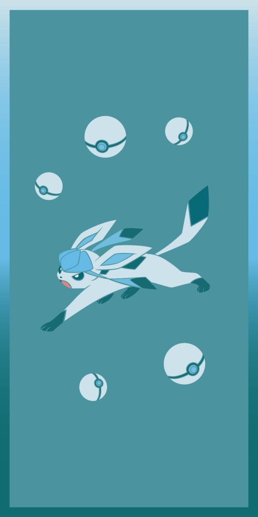 Minimalist Glaceon Ice-type Pokémon wallpaper with teal gradient and floating Poké Balls background