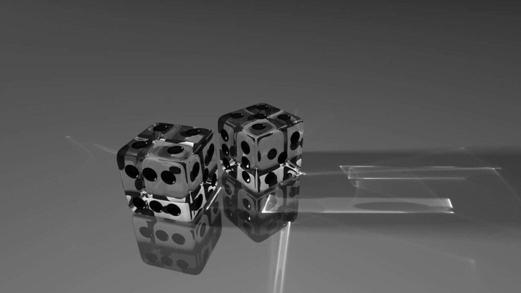 Two transparent glass dice on reflective surface with shadows grayscale minimalist wallpaper background