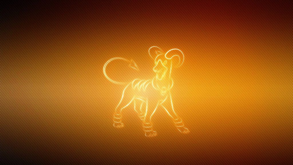 Minimalist glowing gold line art of Houndoom on vibrant textured orange gradient background wallpaper