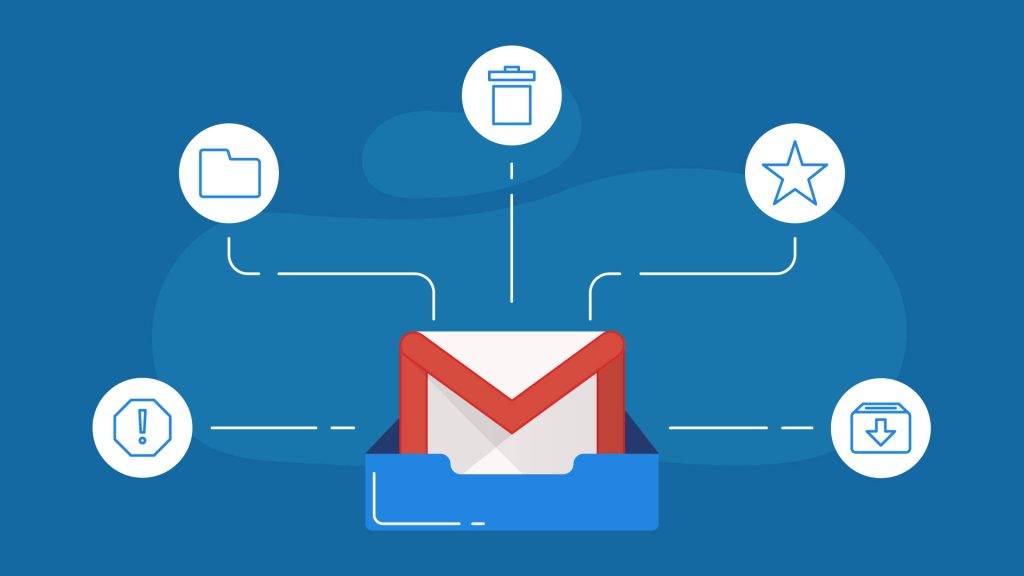 Flat-style Gmail wallpaper with red logo and blue inbox featuring archive star delete icons