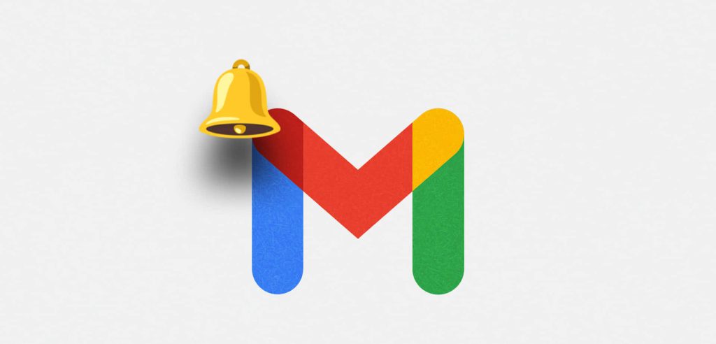 Minimalist Gmail wallpaper with multicolored logo and golden notification bell on white background