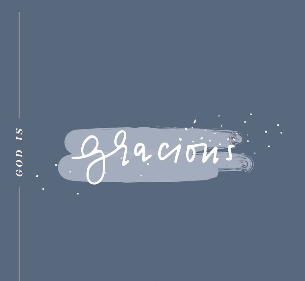 Minimalist wallpaper with God is gracious quote in elegant script on slate blue background