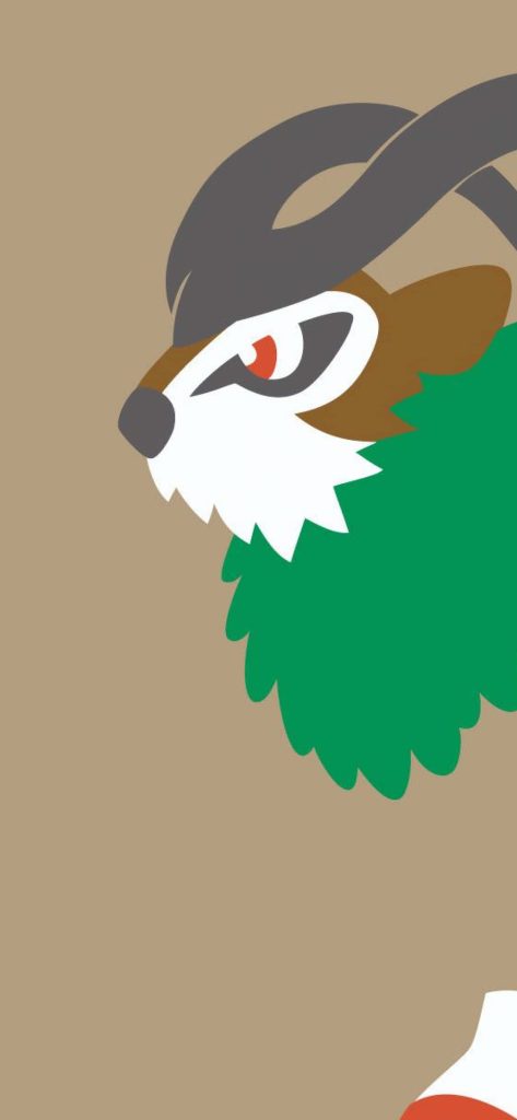 Minimalist Gogoat Pokémon vector wallpaper with green mane and horns on solid brown background
