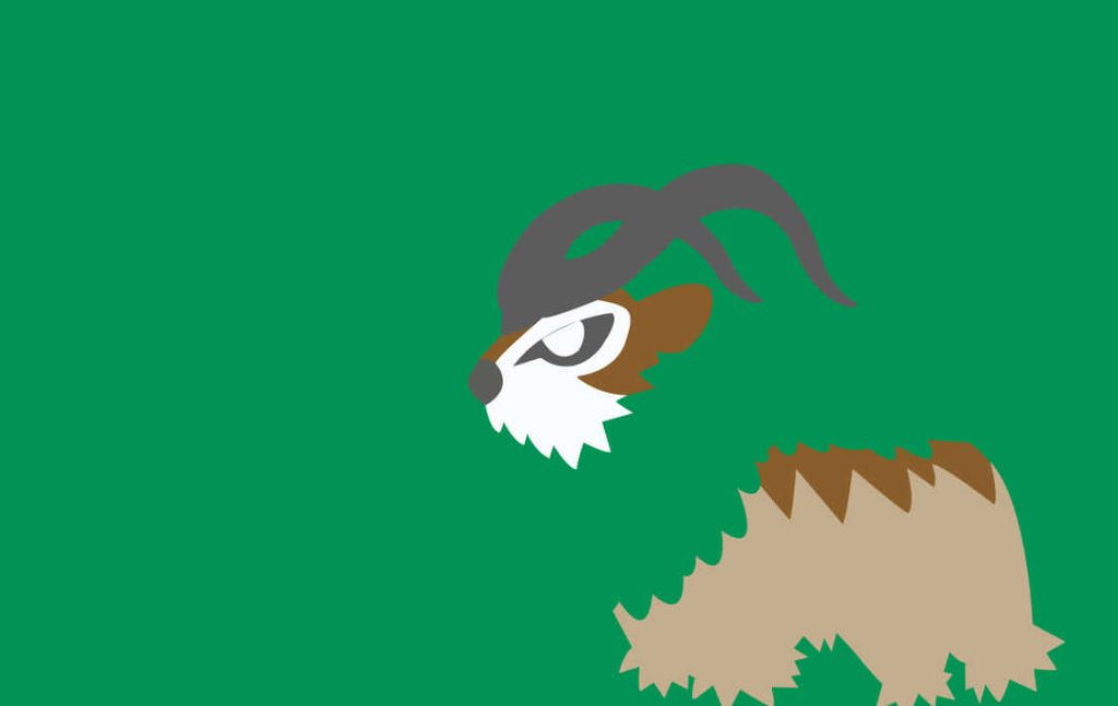 Minimalist flat design wallpaper of Pokémon Gogoat with leafy mane and horns on green background