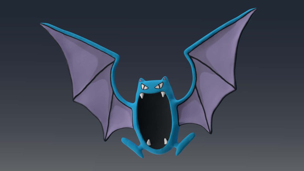 Golbat digital illustration wallpaper with purple wings and open mouth on dark background