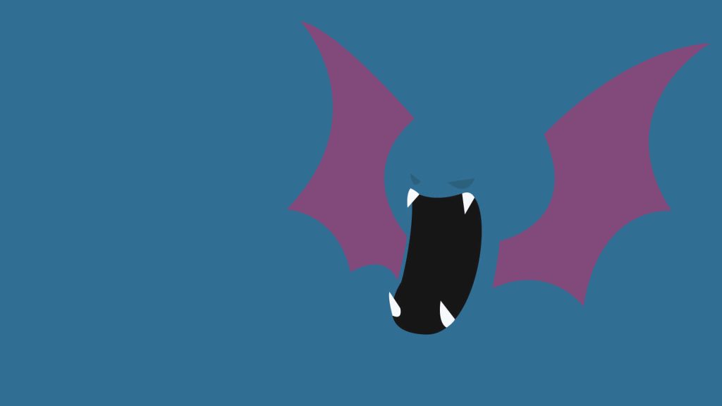 Minimalist Golbat Pokémon vector wallpaper with bold purple wings on solid blue background