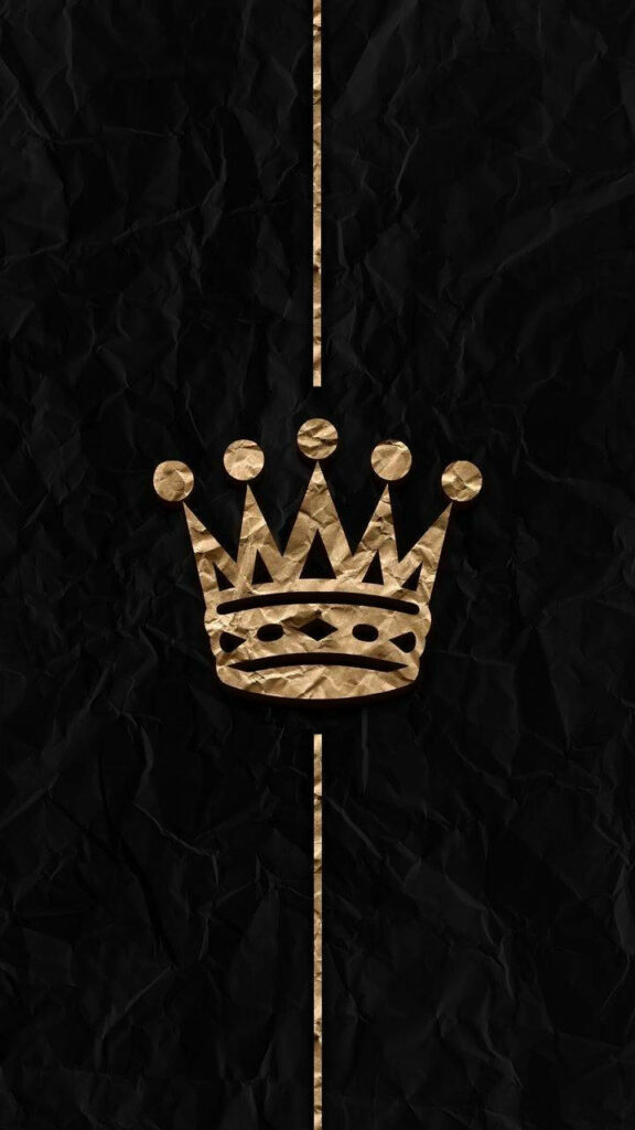 Textured wallpaper with golden paper king and queen crowns on black wrinkled background design
