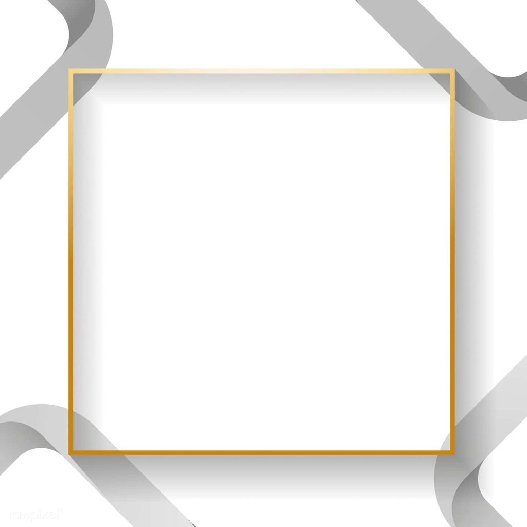 Minimalist wallpaper with gold square frame and abstract grey geometric ribbons on white background