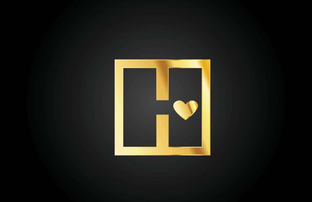 Minimalist metallic gold letter H with heart in square frame on dark gradient wallpaper background