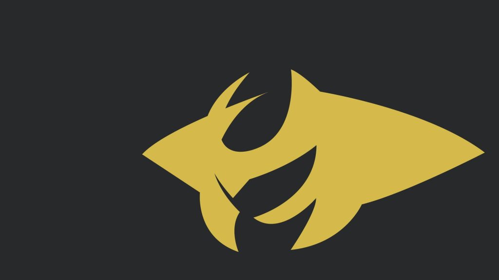 Minimalist high-contrast wallpaper with golden Giratina emblem on dark grey background for gaming