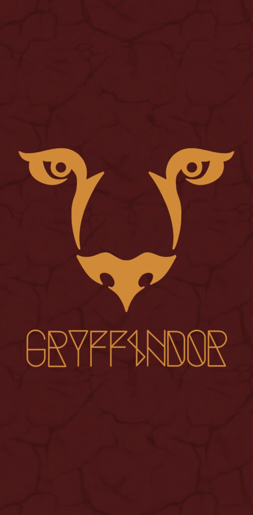Minimalist golden lion face Gryffindor wallpaper on deep red background Harry Potter house design
