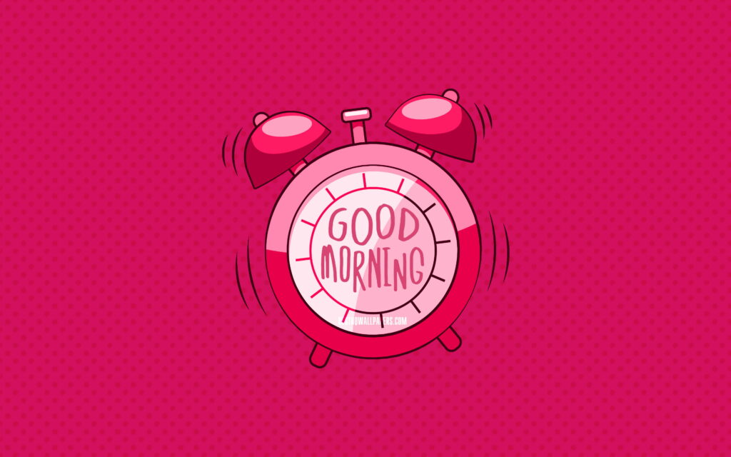 Vibrant Start: Minimalistic Good Morning Wish with Purple Dotted Alarm Clock on 4K Wallpaper Background