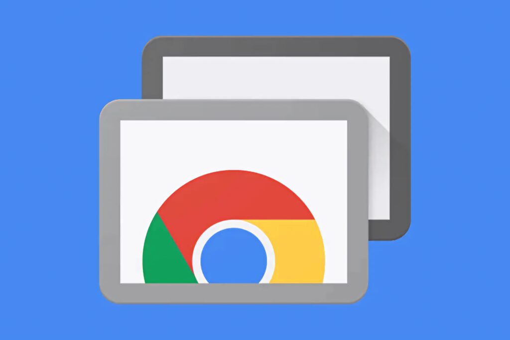Minimalist digital screens showing vibrant Google Chrome logo on bright blue modern wallpaper background