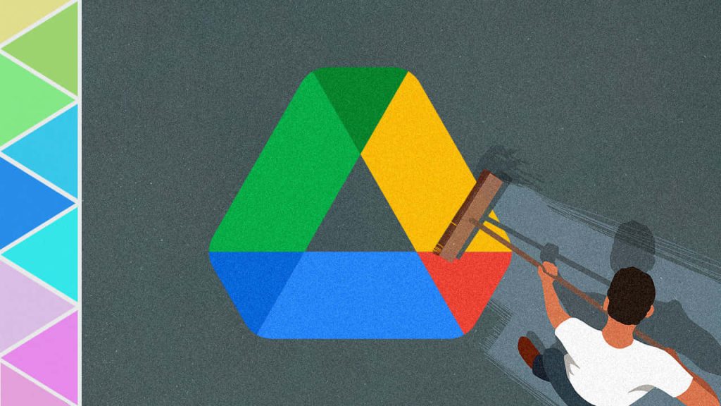 Minimalist illustration of man cleaning vibrant Google Drive logo symbolizing cloud storage maintenance Wallpaper