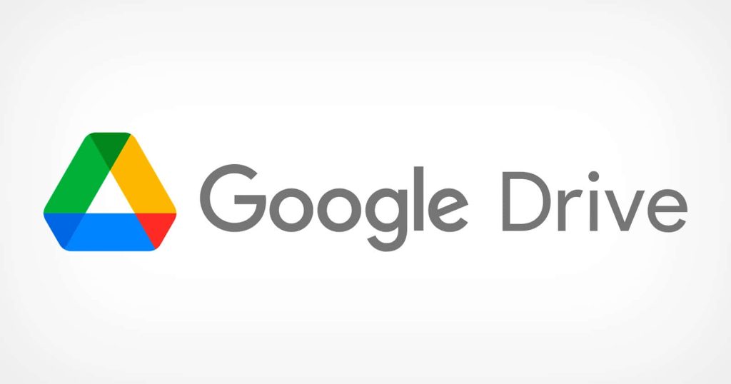 Minimalist Google Drive logo wallpaper with multicolored triangle and dark grey text on white background