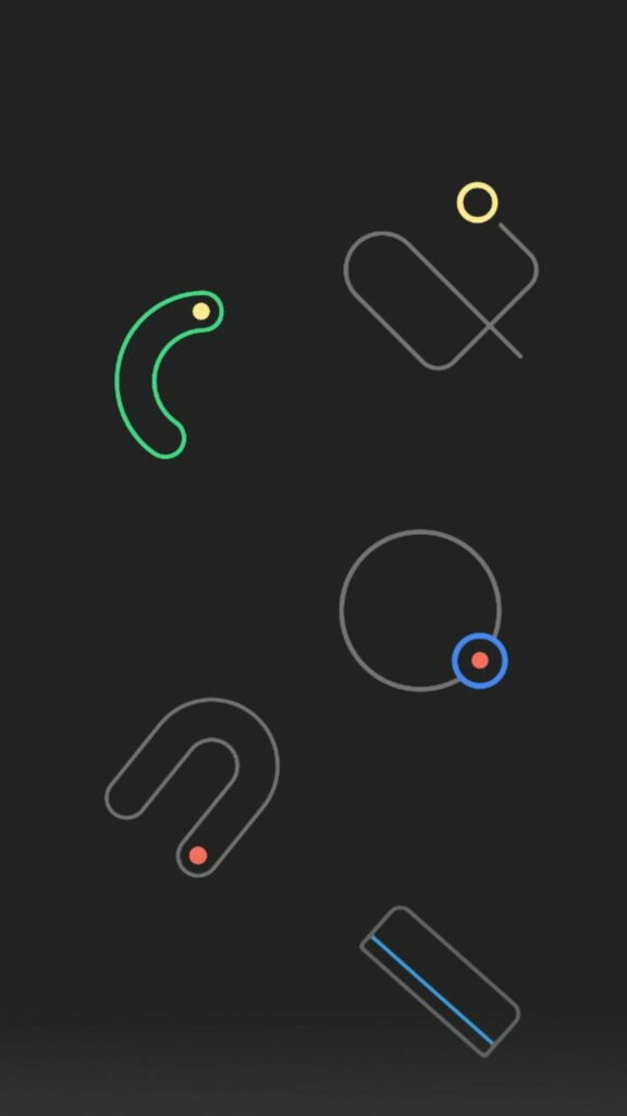 Minimalist abstract wallpaper with geometric lines and vibrant yellow red blue dots on dark gray background
