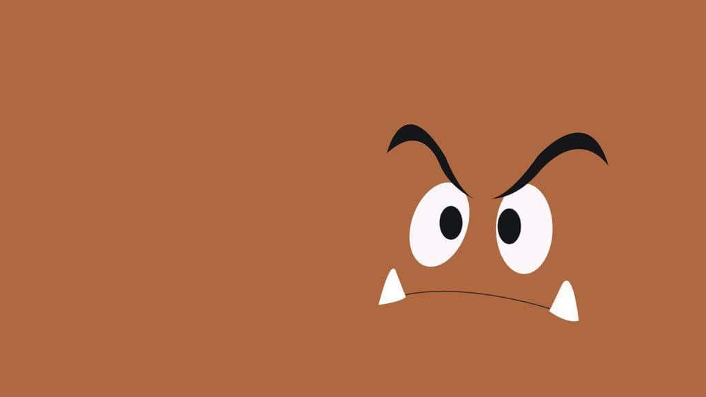 Minimalist Super Mario Goomba face wallpaper with angry eyebrows and fangs on brown background