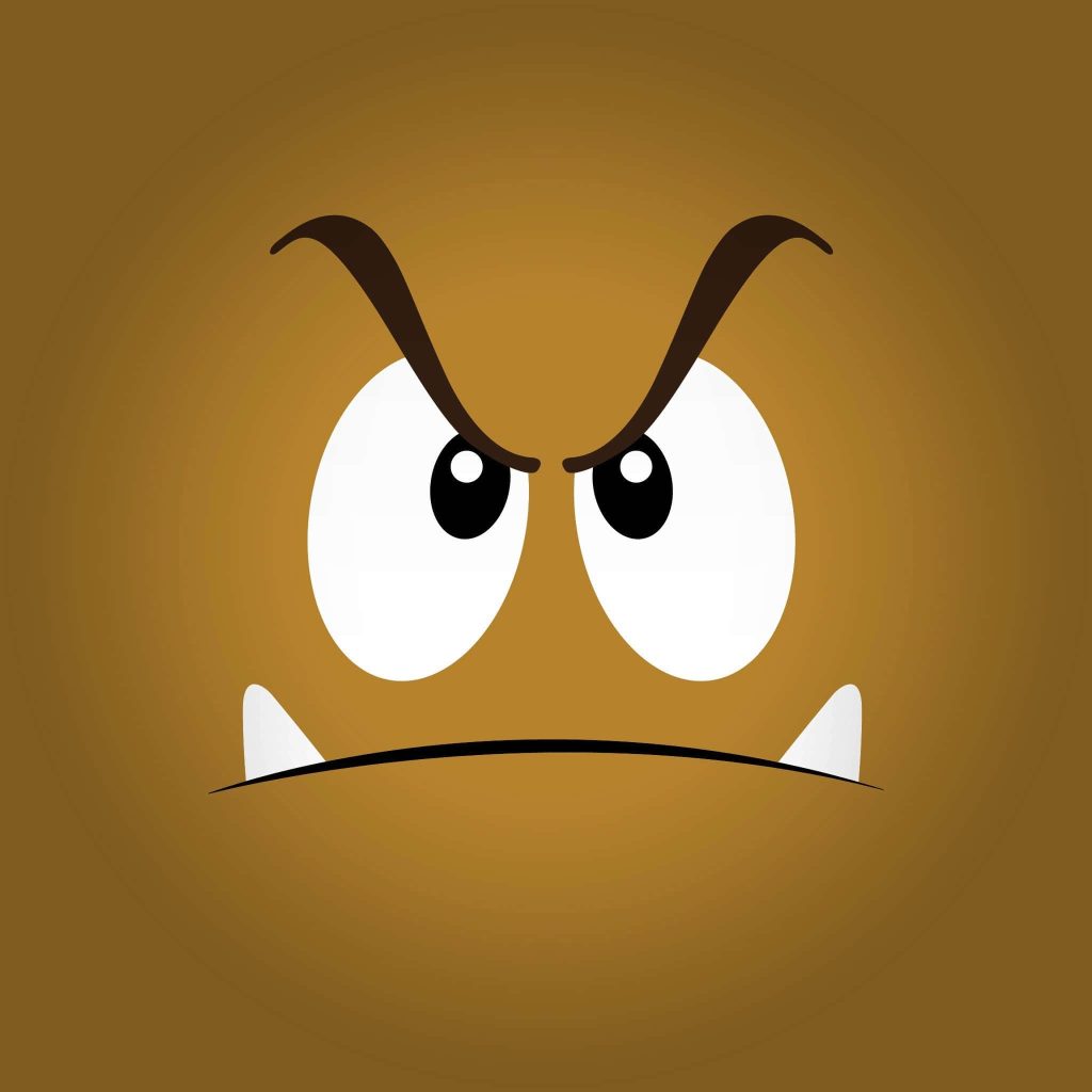 Minimalist Super Mario Goomba face close-up digital wallpaper with angry expression brown background